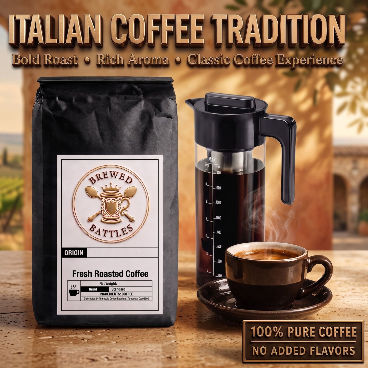 Italian Roast Coffee | Darkest Roast Slow Roasted Arabica Robusta Blend | Intense, Bold & Bittersweet — Specialty Grade Dark Roast Espresso Coffee | Brewed Battles