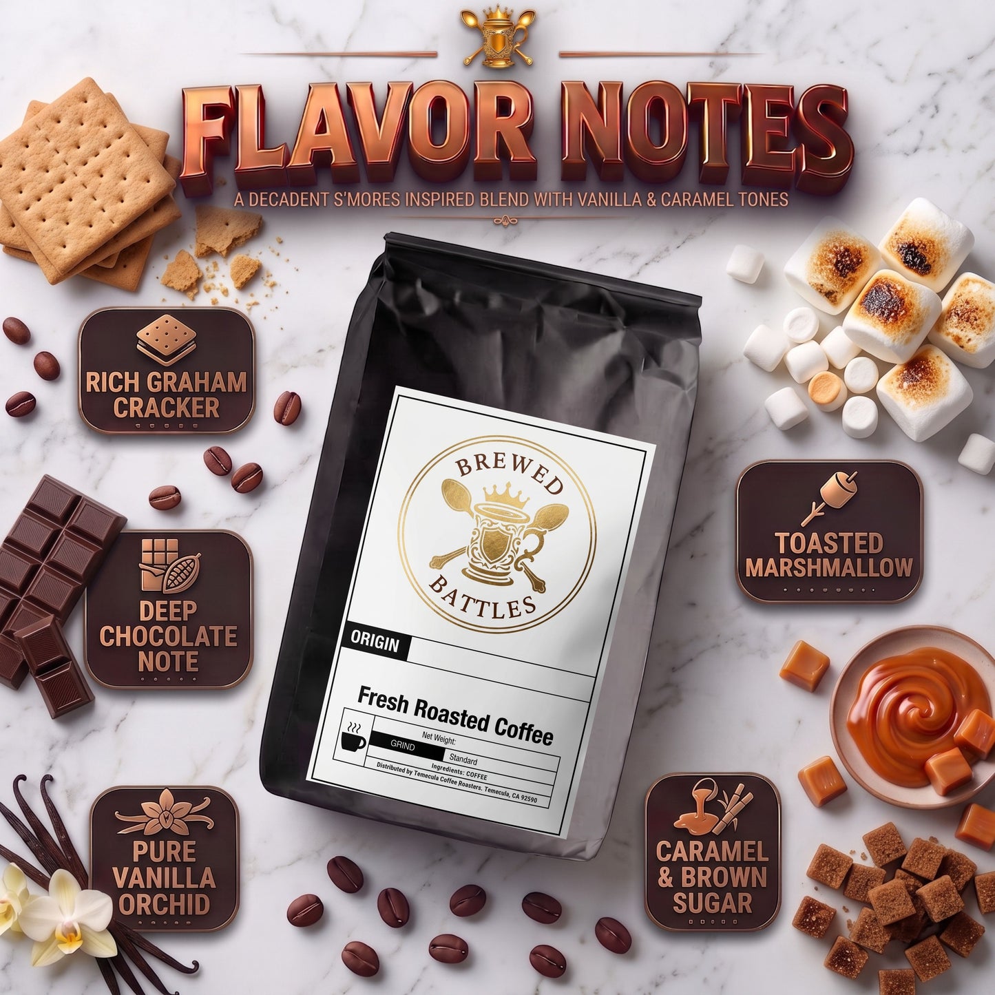 S'mores Coffee | Naturally Flavored Single Origin Coffee Blend | Toasted Marshmallow, Chocolate & Graham Cracker — Cozy, Sweet & Indulgent | Brewed Battles Coffee