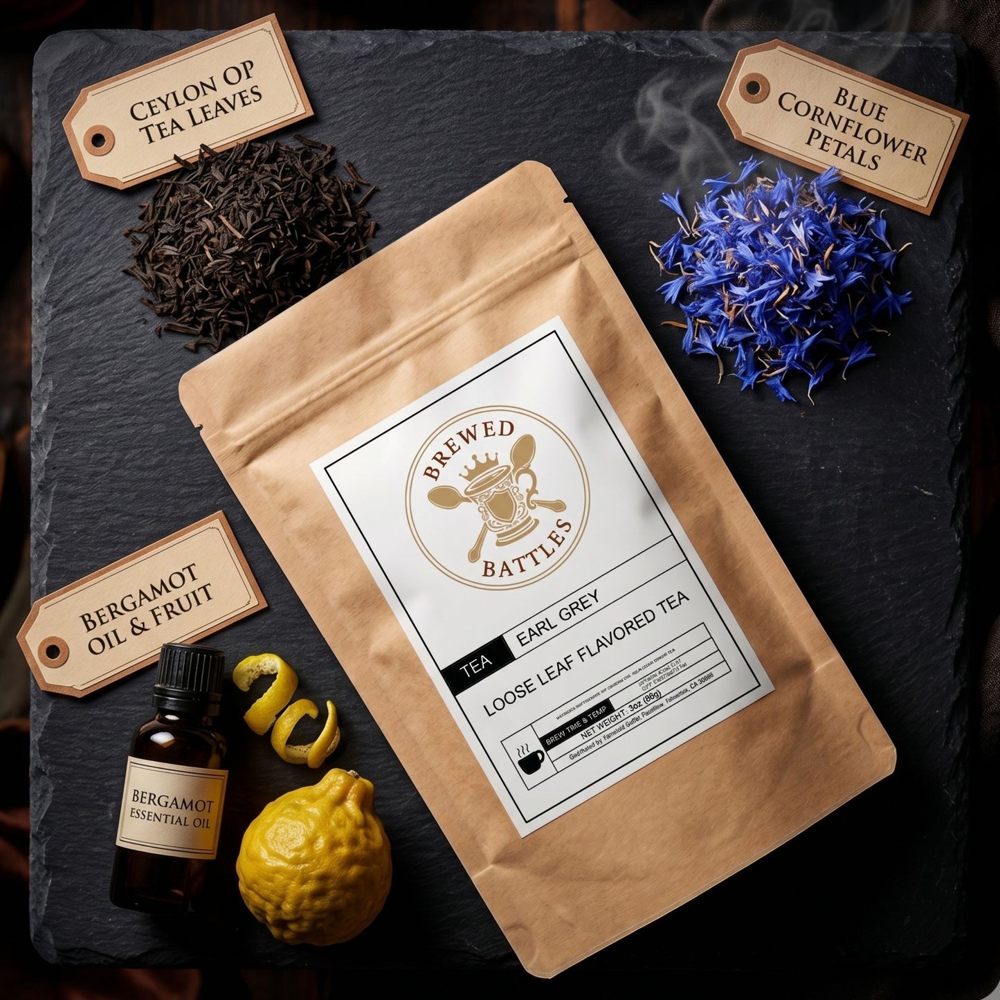 Earl Grey Loose Leaf Tea | Premium Ceylon Black Tea with Bergamot Oil & Blue Cornflowers | Floral Malty Citrus Brew | 3oz (88g) — Brewed Battles