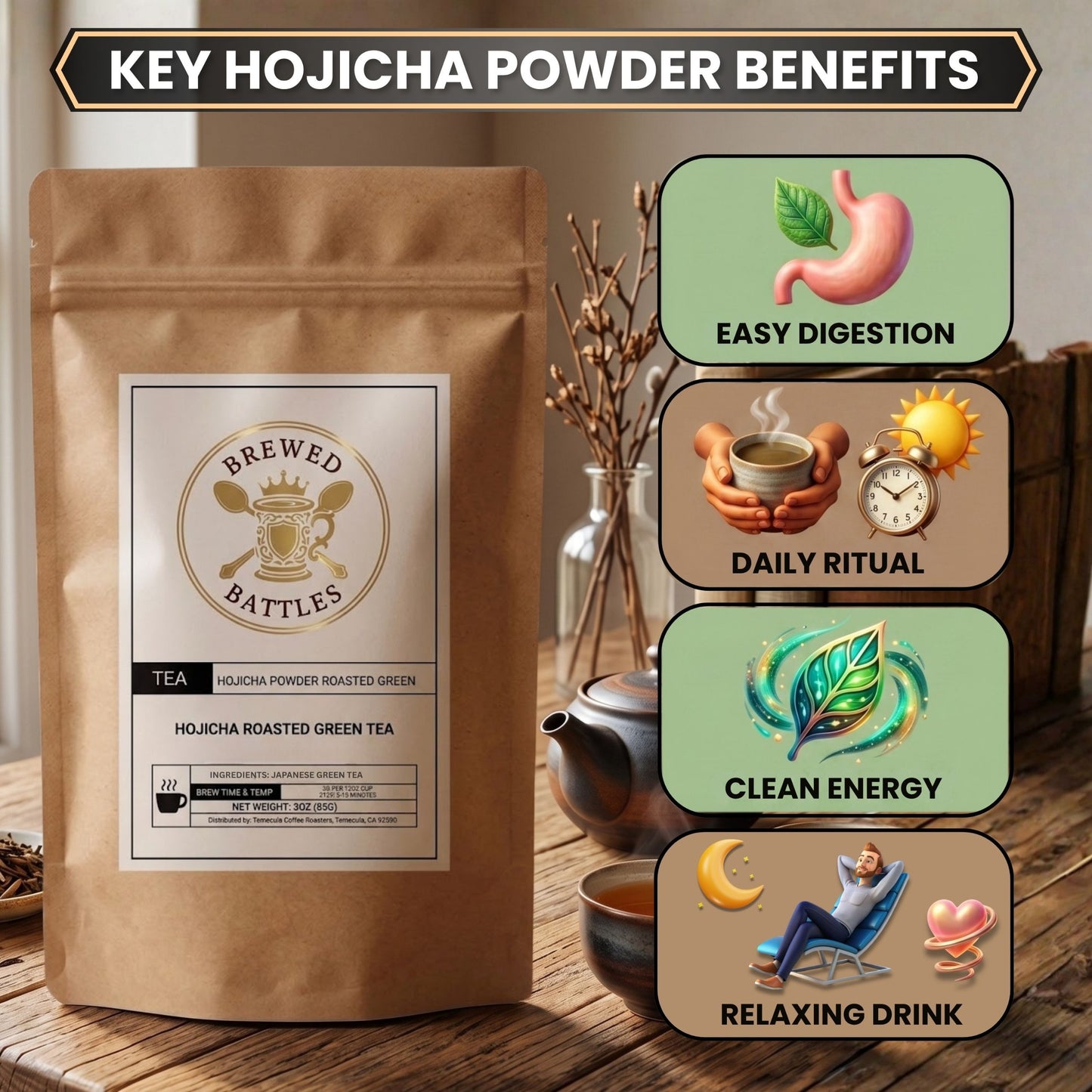 Hojicha Roasted Green Tea Powder — Japanese Roasted Green Tea Loose Powder | Smooth, Low Caffeine | Brewed Battles