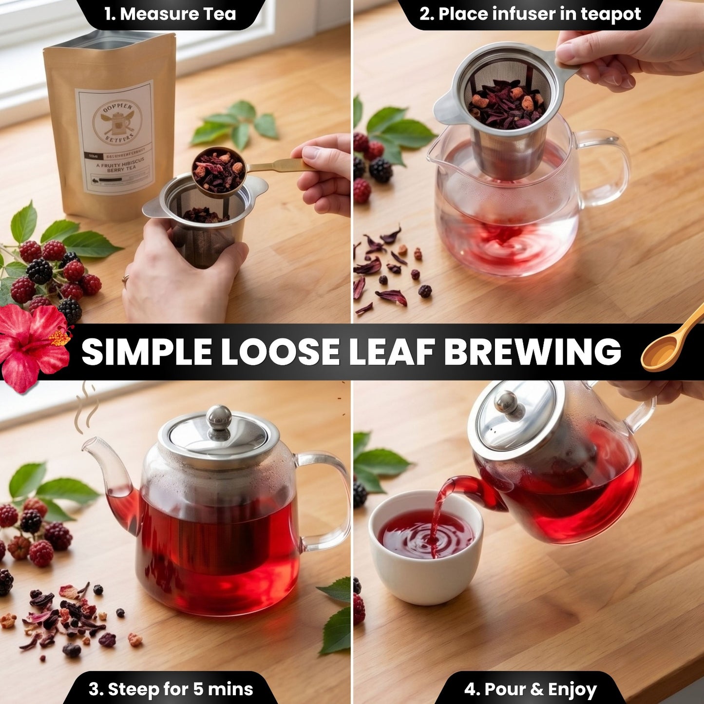 Hibiscus Berry Loose Leaf Tea | Organic Herbal Tea — Hibiscus Flowers, Rosehips, Blueberry & Passionfruit | Cold Brew & Hot Tea | Sweet & Fruity | 2oz Artisan Blend by Brewed Battles