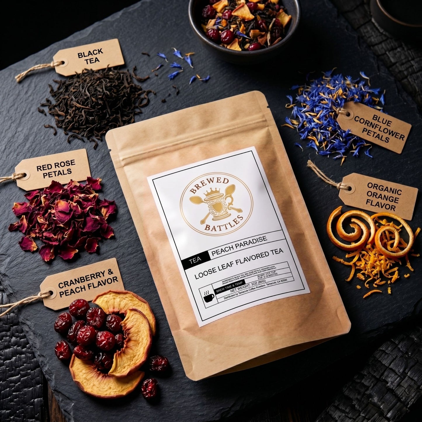 Peach Paradise Loose Leaf Herbal Tea – Fruity Peach Cranberry Rose Tea | Caffeine Free Herbal Blend | Premium Sweet Peach Iced Tea | Brewed Battles | 3oz