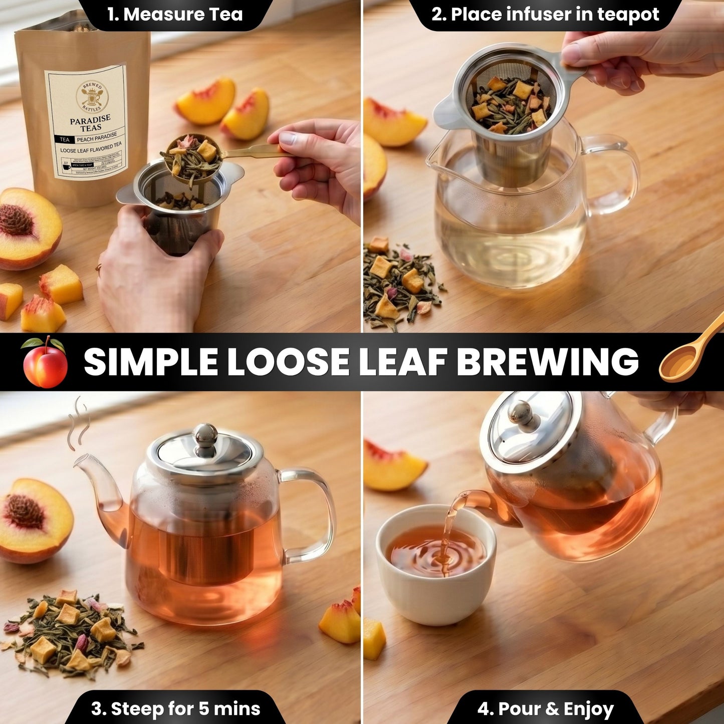 Peach Paradise Loose Leaf Herbal Tea – Fruity Peach Cranberry Rose Tea | Caffeine Free Herbal Blend | Premium Sweet Peach Iced Tea | Brewed Battles | 3oz