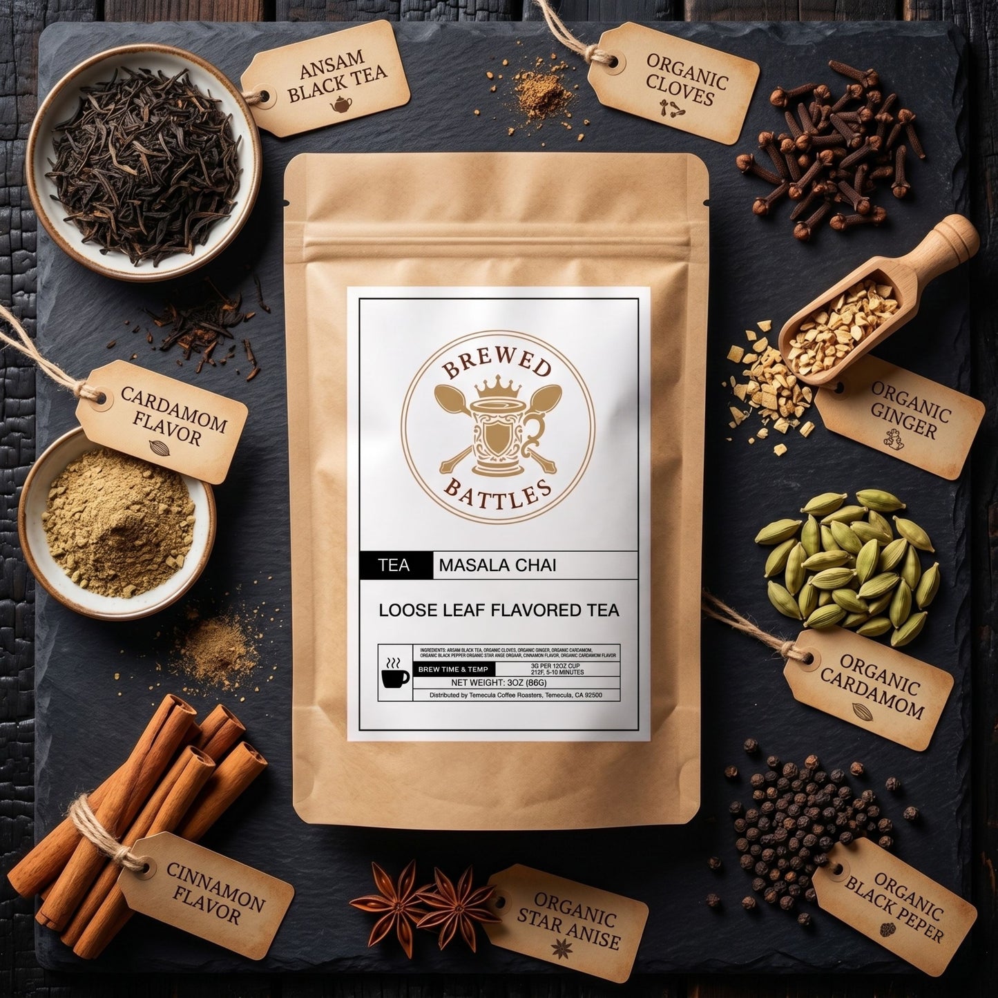 Brewed Battles Masala Chai Loose Leaf Tea | Organic Spiced Chai Tea | Bold Assam Black Tea with Ginger, Cardamom & Cloves | 3oz Loose Leaf Flavored Tea