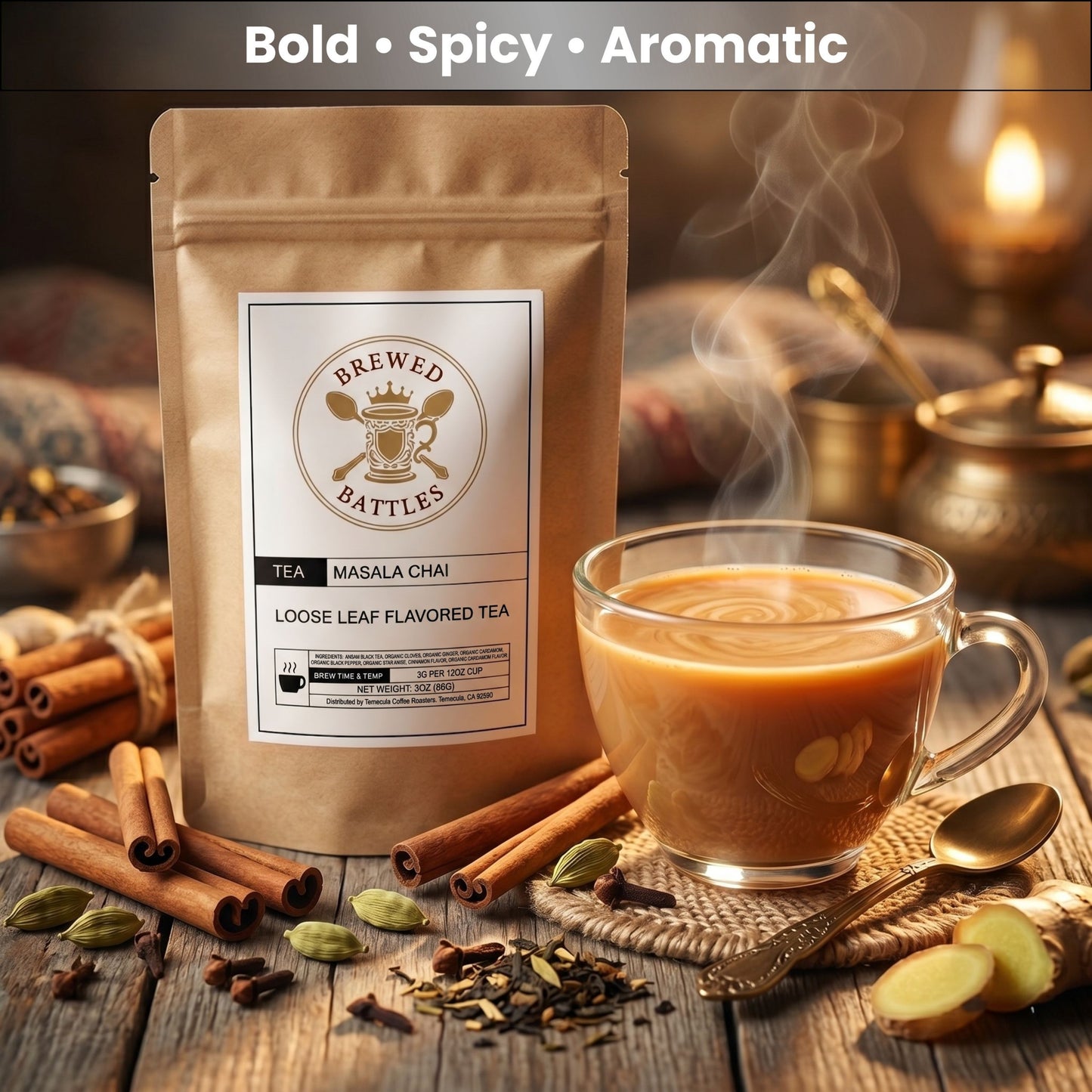 Brewed Battles Masala Chai Loose Leaf Tea | Organic Spiced Chai Tea | Bold Assam Black Tea with Ginger, Cardamom & Cloves | 3oz Loose Leaf Flavored Tea