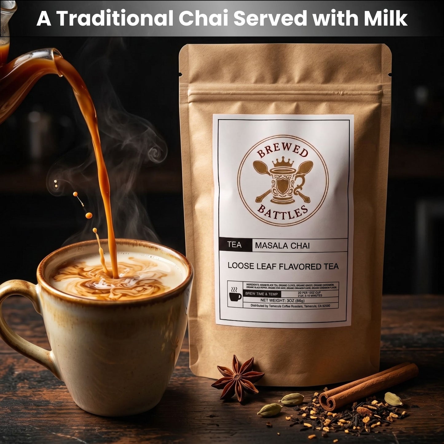 Brewed Battles Masala Chai Loose Leaf Tea | Organic Spiced Chai Tea | Bold Assam Black Tea with Ginger, Cardamom & Cloves | 3oz Loose Leaf Flavored Tea
