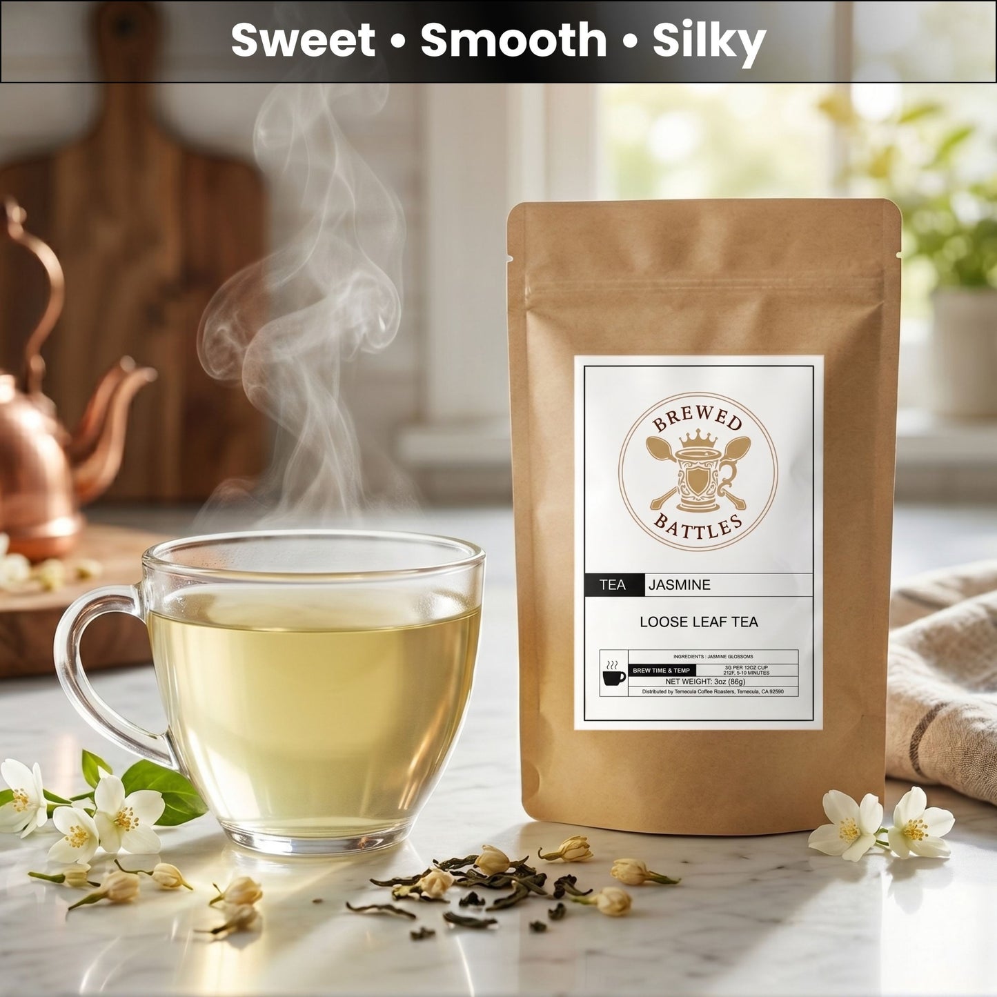 Jasmine Loose Leaf Tea | Premium Green Tea with Jasmine Blossoms | Brewed Battles | 3oz