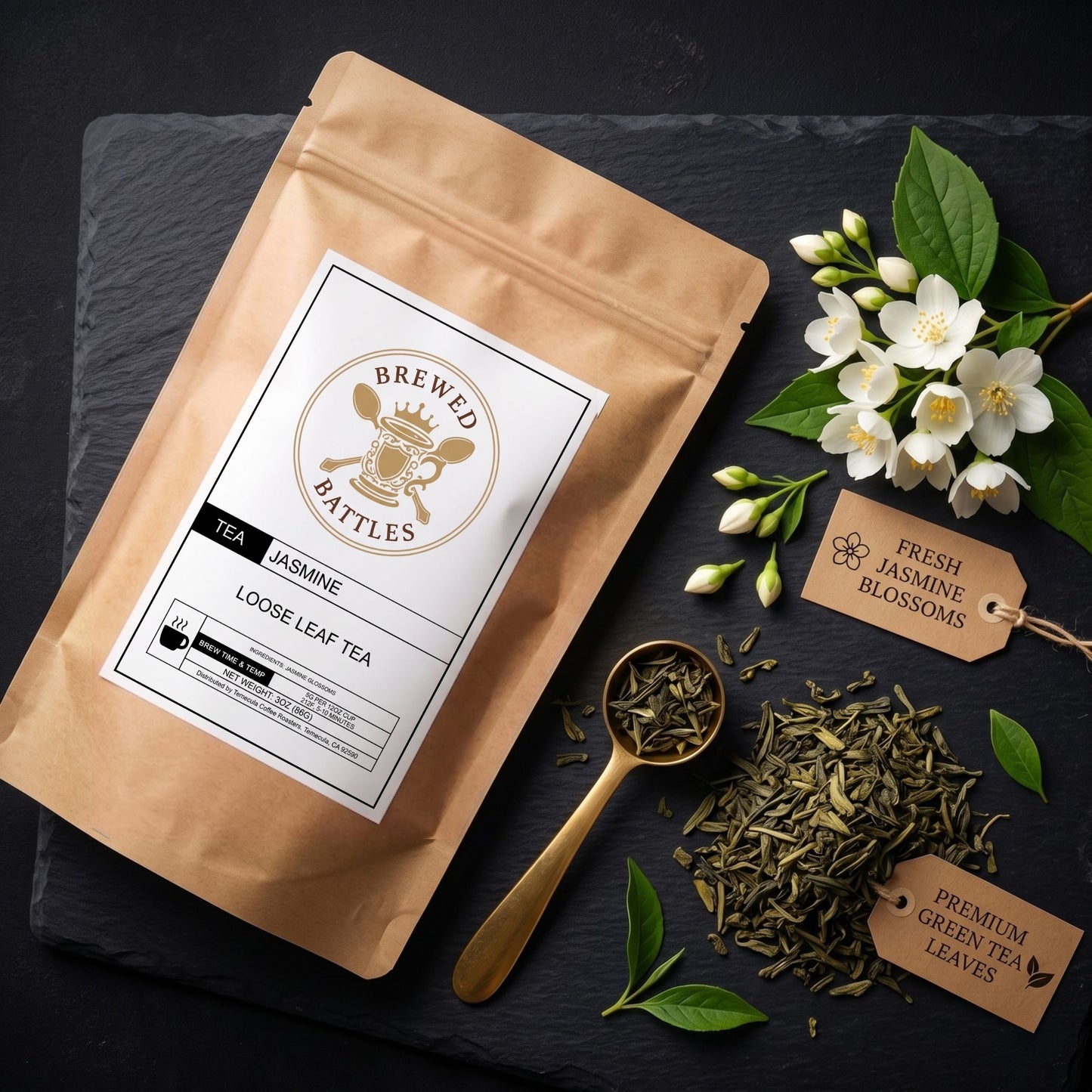 Jasmine Loose Leaf Tea | Premium Green Tea with Jasmine Blossoms | Brewed Battles | 3oz