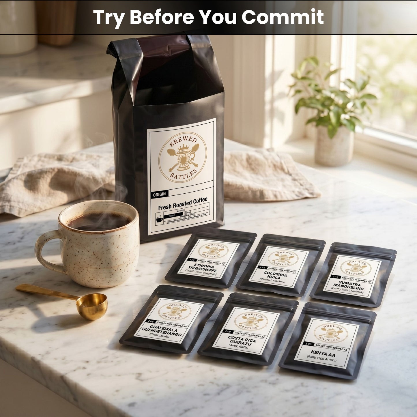 Single Origin Coffee Sampler Pack | Fresh Roasted 6-Pack | Brazil Colombia Ethiopia Tanzania Costa Rica Honduras | 2oz Sample Bags | Specialty Coffee Gift Set