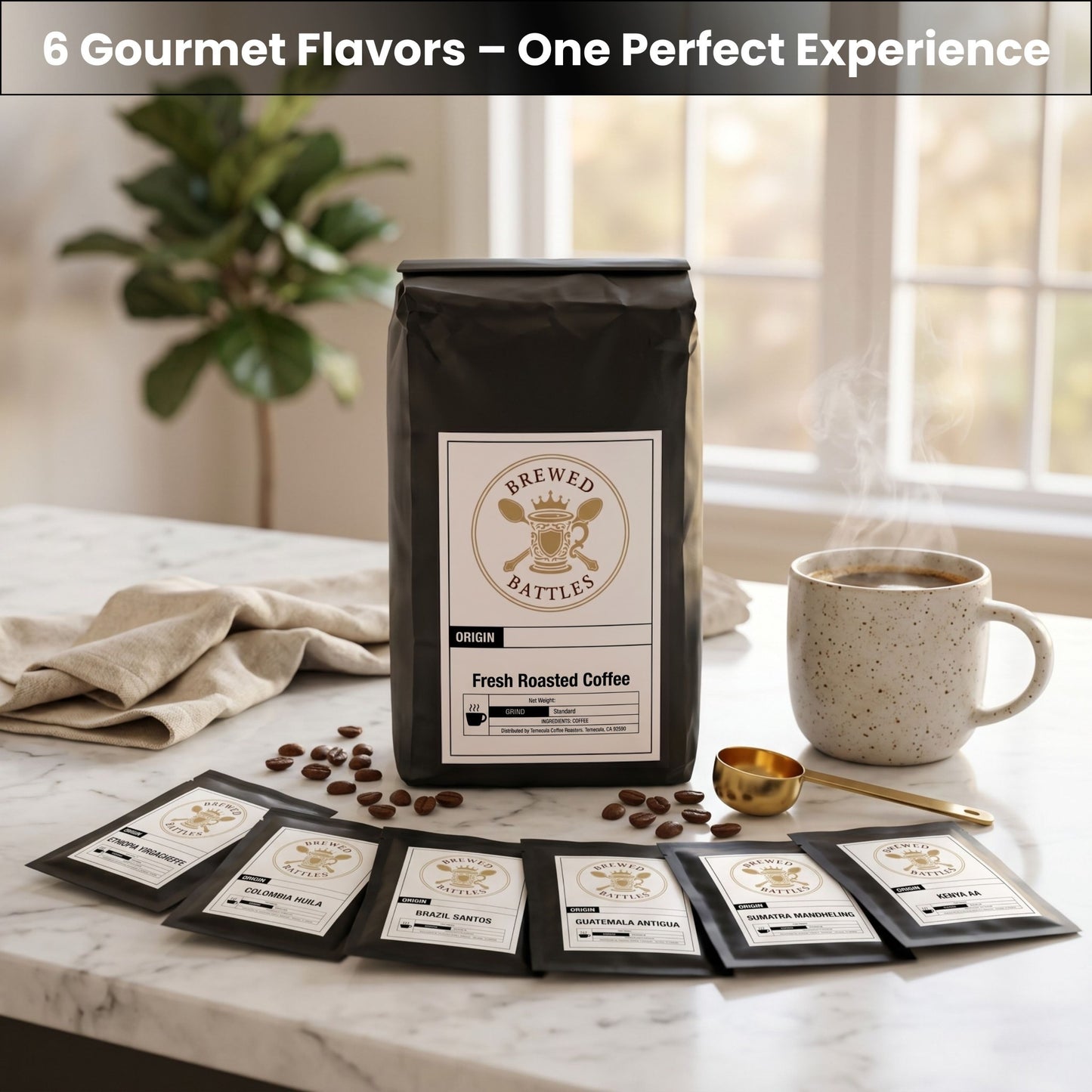 Flavored Coffee Sample Pack | 6 Variety Pack 2oz Bags | French Vanilla, Hazelnut, Caramel, Mocha, Cinnamon Roll & More | Fresh Small Batch Roasted Specialty Grade Arabica Coffee
