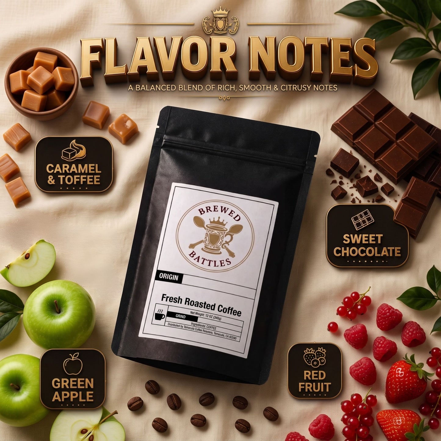 African Kahawa Blend | Medium Dark Roast Coffee | Complex African Single Origin Blend | Toffee, Caramel, Dark Chocolate, Green Apples, Red fruits, Cherries, Raisin & Black Currant — Brewed Battles Coffee