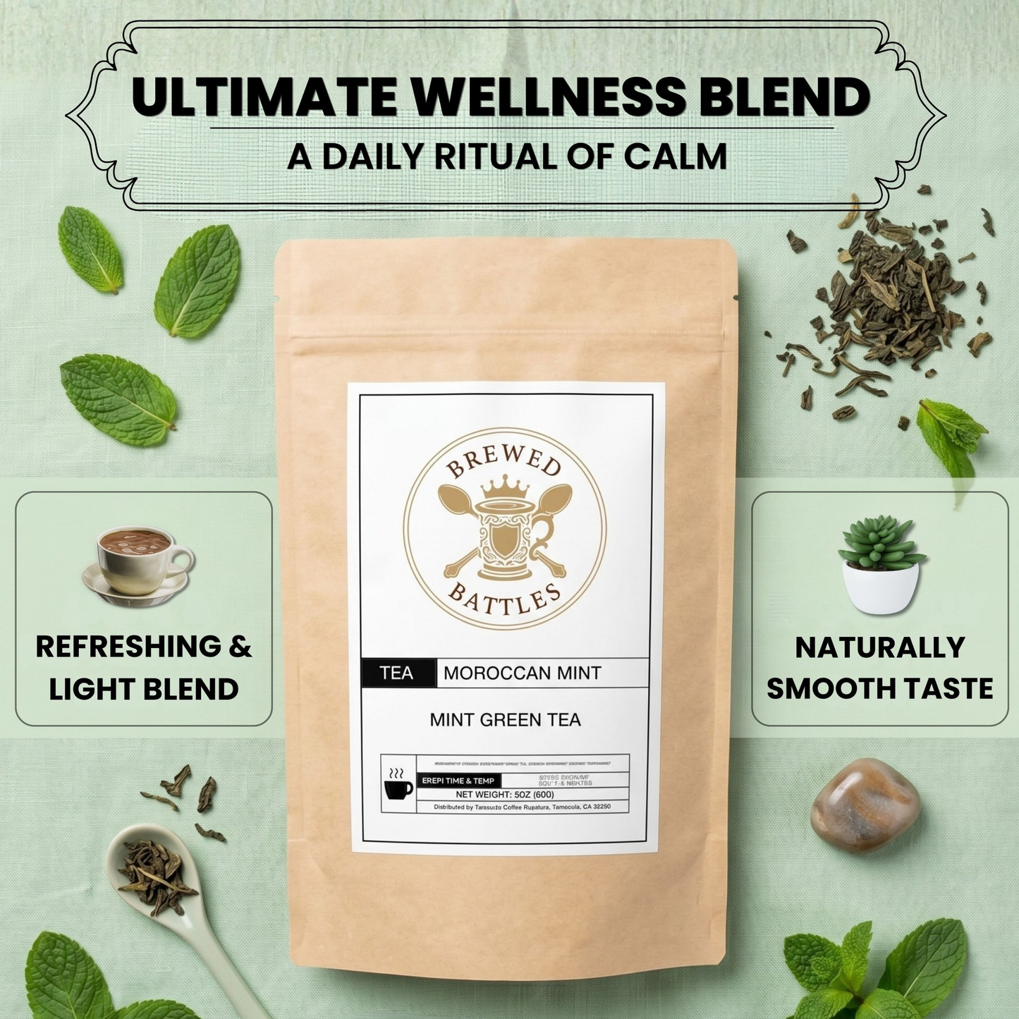 Moroccan Mint Green Tea Loose Leaf — Spearmint Gunpowder Blend | Refreshing Hot or Iced Mint Tea | Brewed Battles